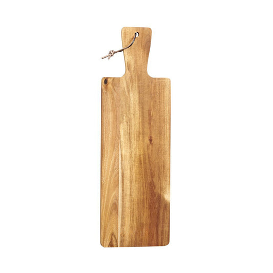 The Gathering Board wooden serving board with handle on a white background.
